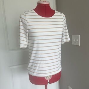 Tahari White and Beige Striped Short Sleeve Tee